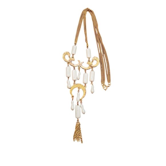 Vintage Etched Brass & Czech Glass Dangle Necklace (A2861) - Picture 1 of 7